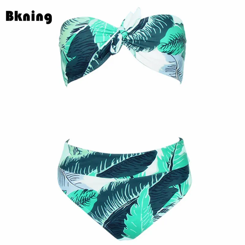 Bkning Высокая Талия комплект бикини женский купальник галстук бандо купальный костюм зеленый лист печати бикини с открытыми плечами Camuflagem