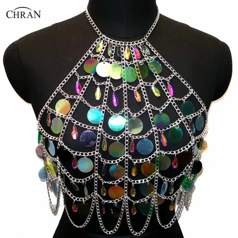 

Chran Acrylic Beaded Seascale Sequins Crop Top Belly Waist Belt Chain Necklace Rave Bra Bralete Festival Wear Jewelry CRS414