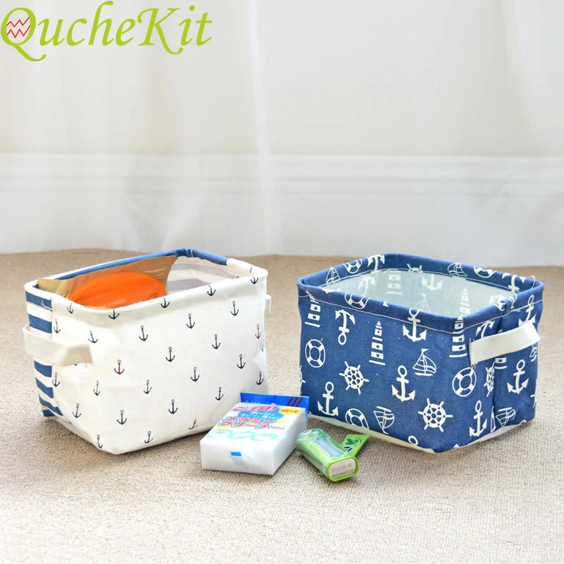 

Folding Anchor Printing Storage Basket Linen Storage Box Kids Toy Basket Home Office Desktop Makeup Organizer Striped Container