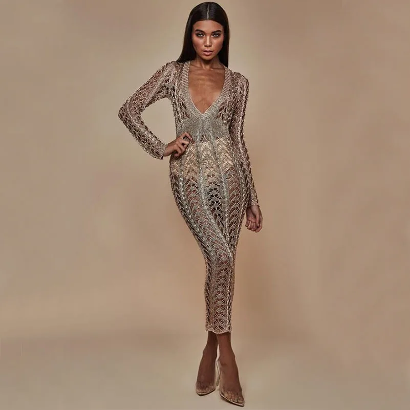 

rose gold glitter autumn sexy dress bodycon long sleeve robe femme long kleider fashion sukienka mesh elbise crochet clothes new