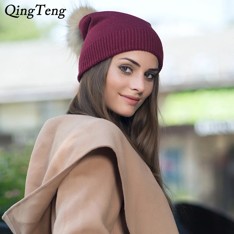 Real Raccoon Fox Fur Pompom Solid Colors Beanies H...