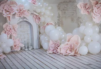 

Photo Backdrops Pink Balloons Gray Fireplace Flower Wooden Floor Child Party Portrait Photo Backgrounds for Photo Studio G-1076
