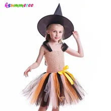 Злой костюм ведьмы на Хэллоуин платье-пачка с шляпы детские для девочки оранжевый и черный тюль одежда дети косплей Рождество карнавальное платье