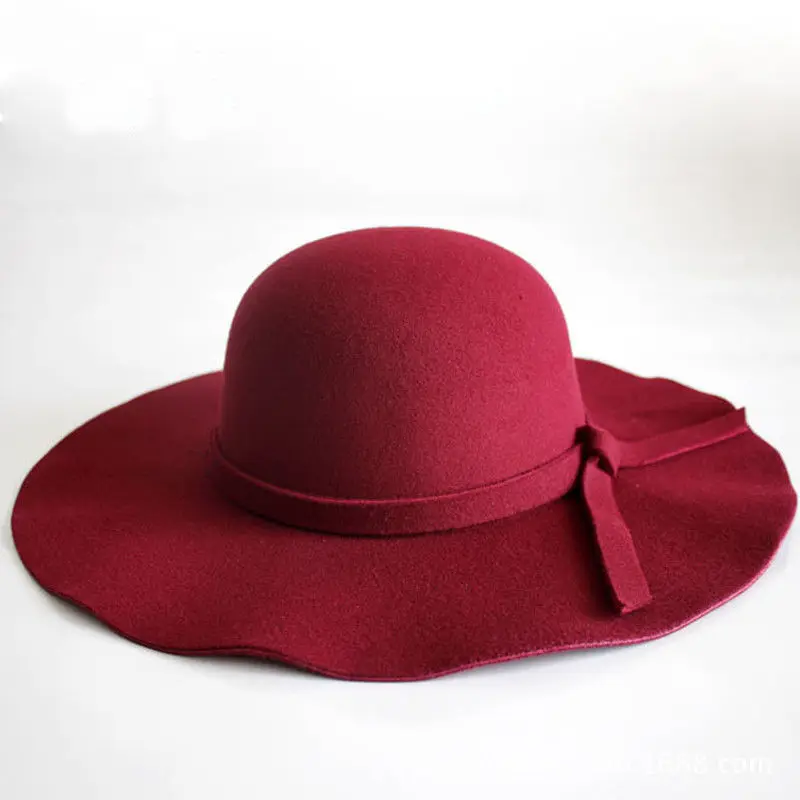 Wine red Винтаж леди женская шляпа с Широкими Полями Фетровая шляпа из шерсти флоппи-войлок котелок фетровые шляпы Кепки - Цвет: Wine red
