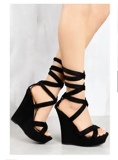 black lace up wedge heels