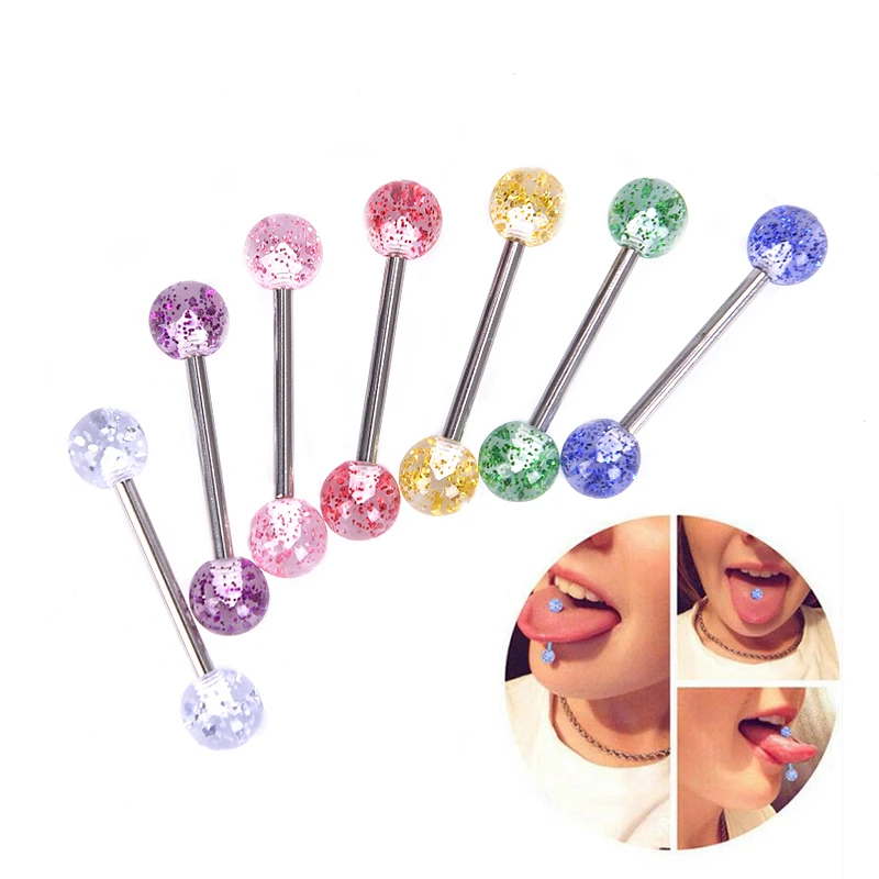 8PCS/Set Surgical Steel Glitter Tongue Piercing Ball Barbell Bar Tongue