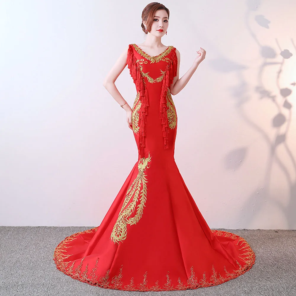Китайское красное платье знаменитостей с кисточками Vestidos De Festa Longo Восточное женское вечернее платье со шлейфом сексуальное с раструбом платье