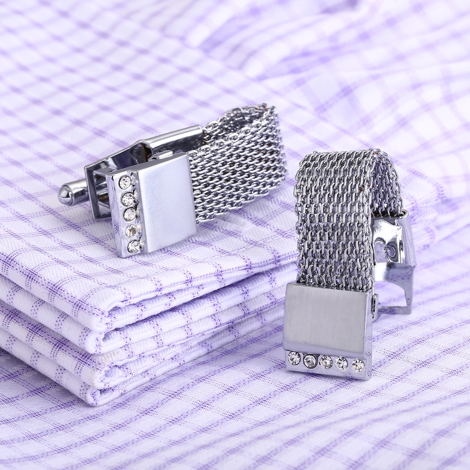 

2019 New Silver Cufflinks with Chain for Mens Wedding Gifts Crystal Shirt Cuff links Buttons Cufflink Men Jewelry Accessories