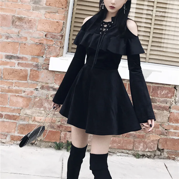 

New Arrival Autumn Gothic Girls Dresses Chest Hollow Out Lace Up Collar Sexy Women Dresses Long Sleeve A Line Black Punk Dress