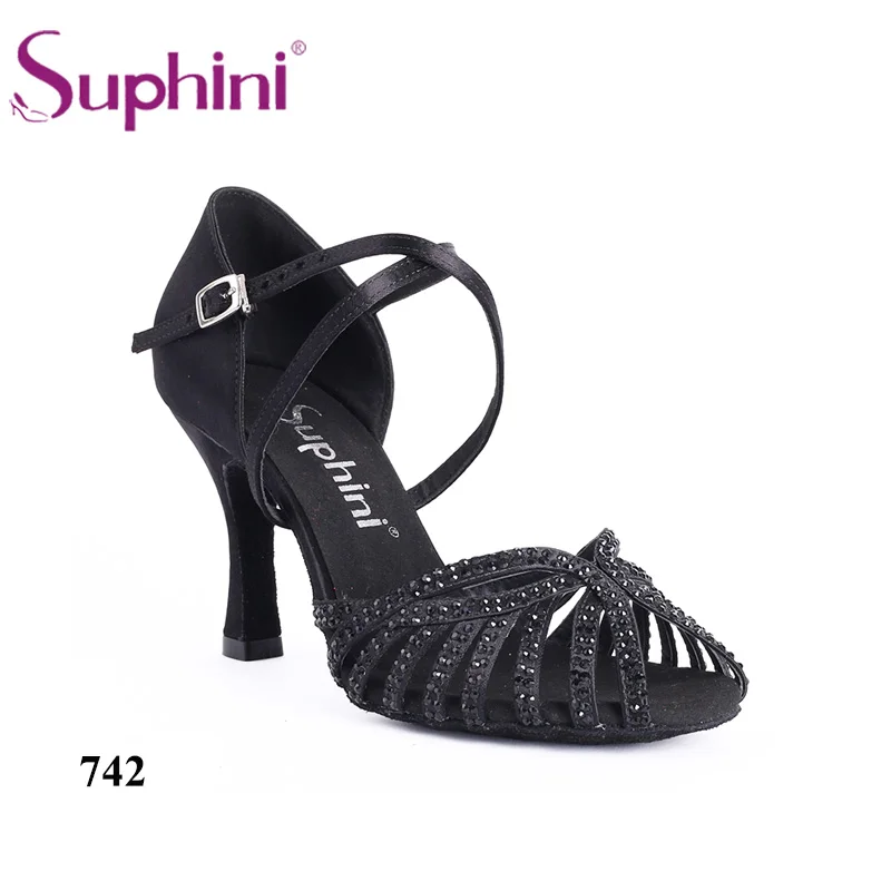 

Free Shipping Suphini Black Satin With Rhinestones Handmade Woman Professional Salsa Latin Dance shoes