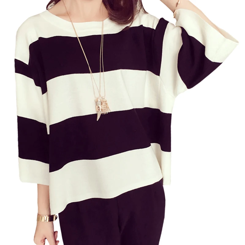 

Spring Summer Sweater Women Blouses New Fashion Bat Sleeve Hit Color Stripe Loose Sleeve Pullover Shirt Clothing Vestidos LXJ390