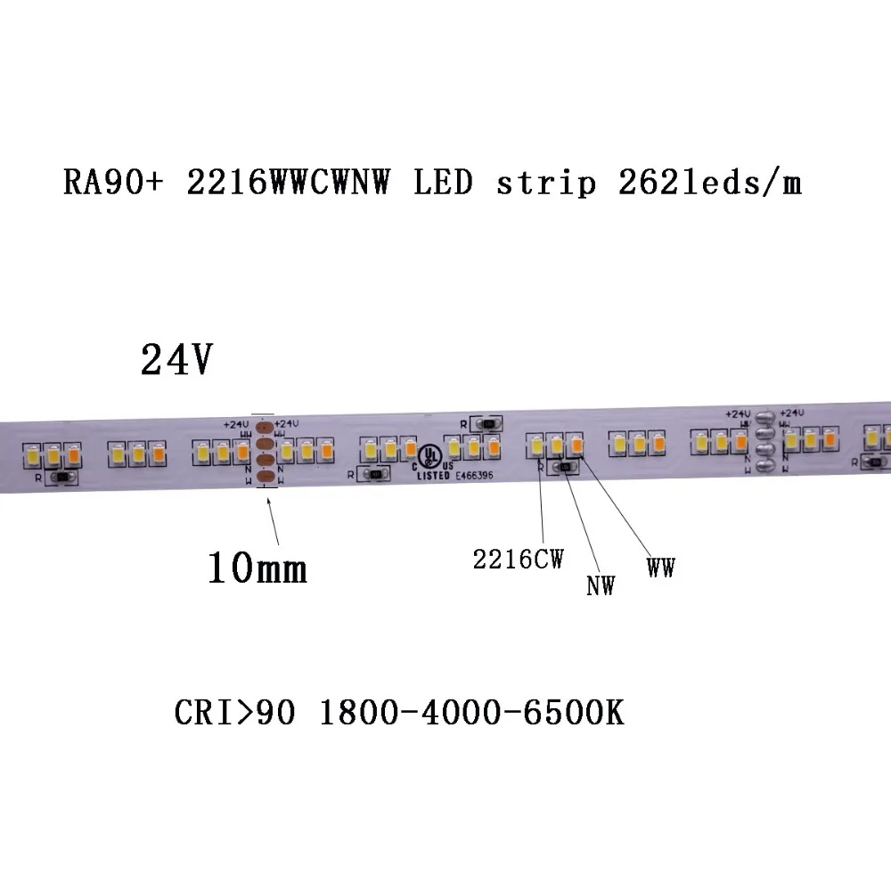 2216 CCT Трехцветная светодиодная лента DC24V Регулируемая CCT Светодиодная лента 252 светодиодный/m CRI> 90 изменяющий цвет WW+ NA+ CW три цвета 5 м/рулон