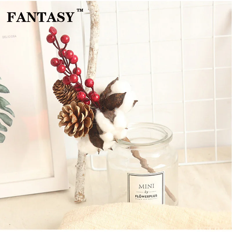 

FANTASY Hybrid Dried Cotton Bouquet Pine Cone Branch Real Pinecone Natural Pine Tower Dry Flower Arranging Artificial Red Berrys