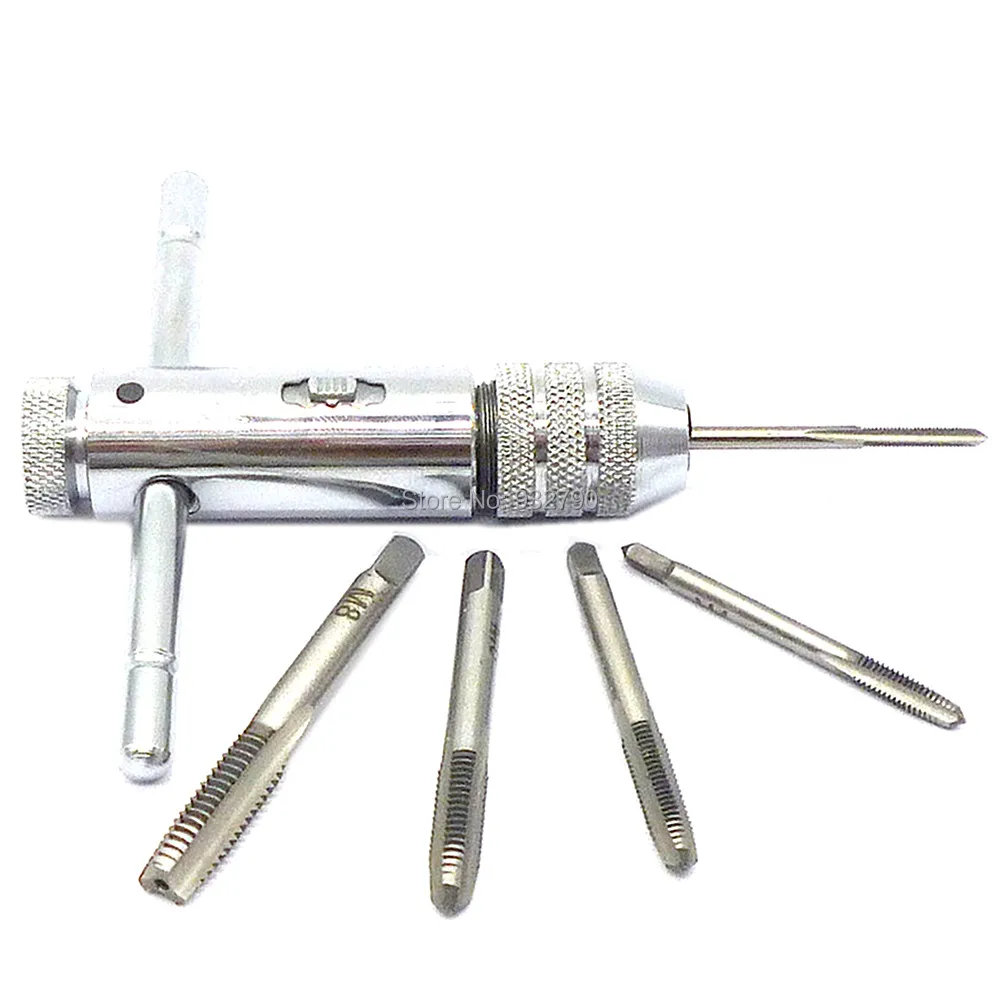 3mm-8mm T-Handle Ratchet Tap Wrench M3-M8 + 5pcs Hand Tap Screw Plug Taps M3-M8