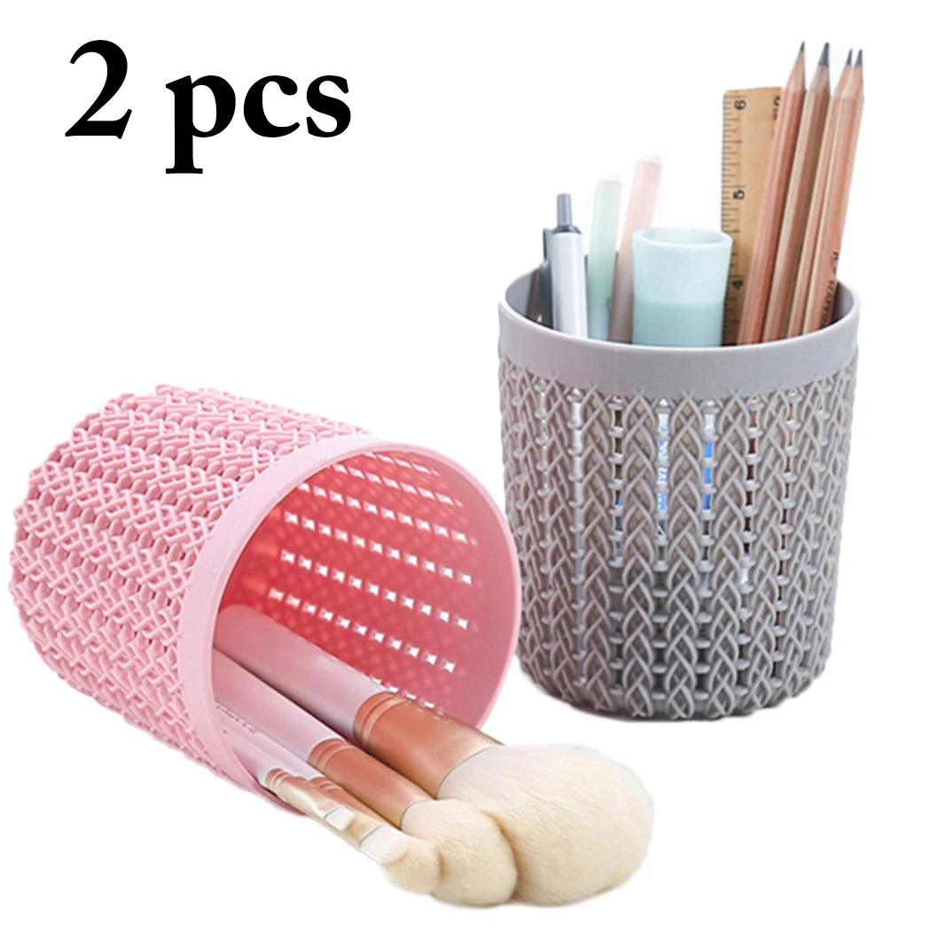 

2pcs Office Organizer Desktop Hollow Cylinder Pen Storage Box Pencil Brush Pot Pen Holder Makeup Brush Plastic Container Home
