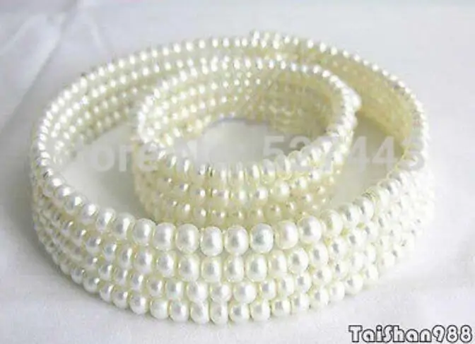 

Wholesale free shipping >>>>>Beautiful Genuine 4 Rows White Pearl Necklace Bracelet Set