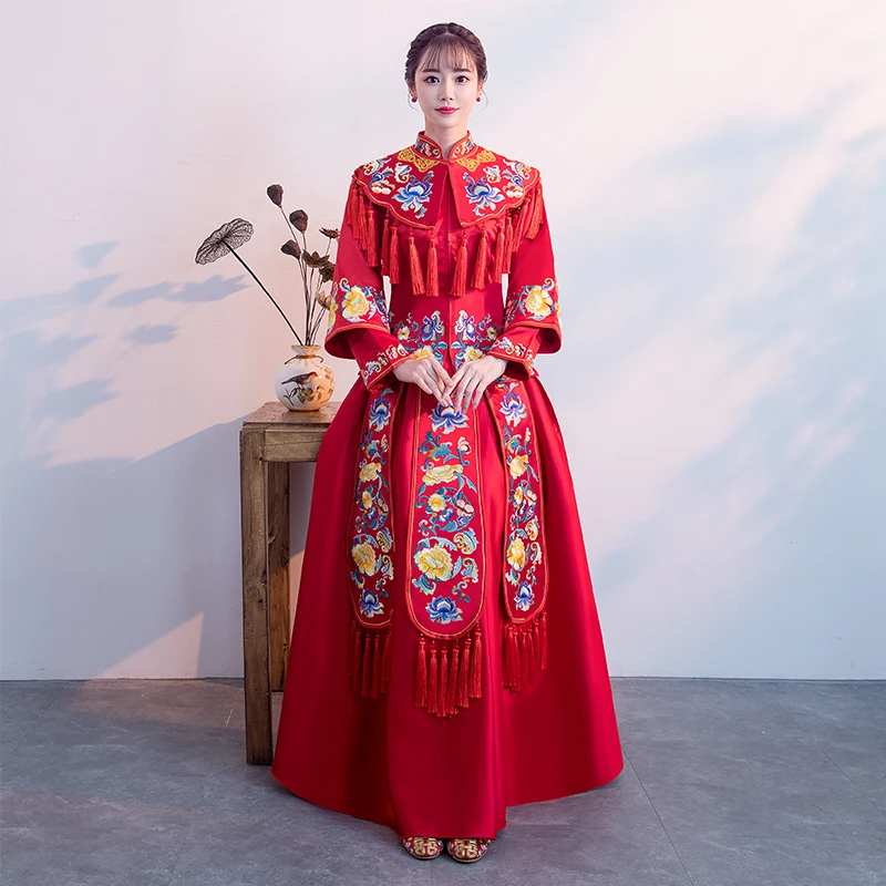Восточное классическое длинное платье невесты Qipao красные кисточки женское традиционное свадебное платье старинная вышивка свадебное Ципао костюм