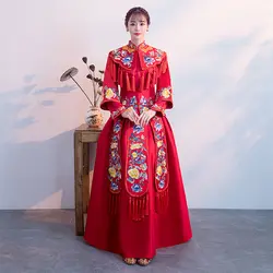 Oriental классический невесты длинное Ципао красный ленточки для женщин традиционные свадебное платье древних вышивка свадебное Ципао костюм