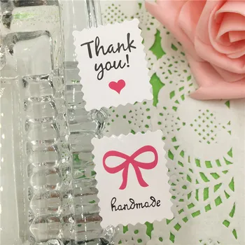 

Square Wavyedge Stamp Shaped White Self-adhesive Stickers Thank You Labels With Bow Heart Sticker For Wedding 3x2.5cm 100Pcs/Lot
