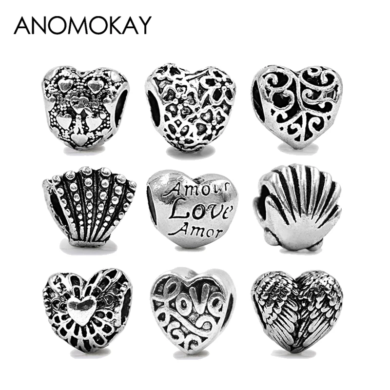 

2PCS/LOT Antique 925 Silver Flower Wing Heart Love Bead Charm fit Pandora Bracelets & Bangles for DIY Jewelry Making