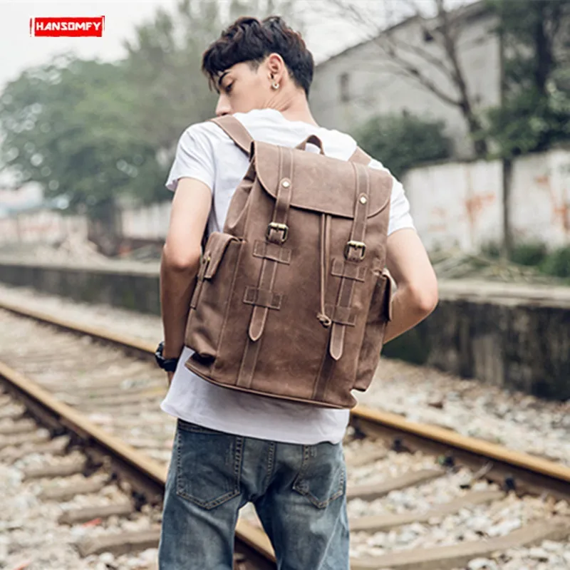 Men's Backpack Shoulder Bag Men Computer Travel Backpacks Handmade Retro Original 2022 Crazy Horse Leather First Layer | Багаж и сумки