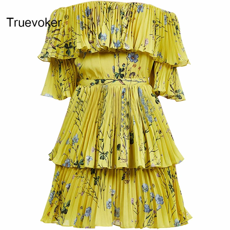 

Truevoker Europe Designer Summer Dress Women's High Quality Short Sleeve Yellow Floral Printed Ruffle Layer Bohemian Dress