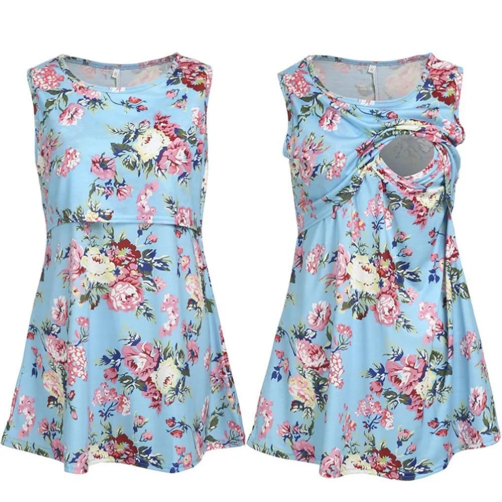 2018 Summer Maternity Shirt Floral Printed Sleeveless T-Shirt Maternity Tops Pregnant Shirt Plus Size Nursing Maternity Clothing