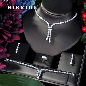 

HIBRIDE Flower Leaf Luxury Women Nigerian Wedding Naija Bride Cubic Zirconia Necklace Dubai 4PCS Dress Jewelry Set N-49