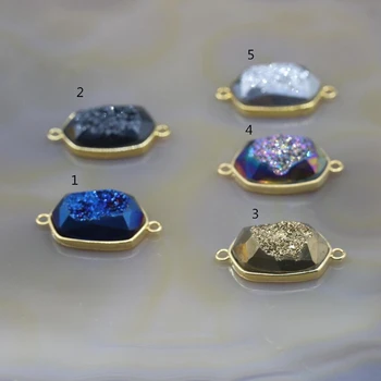 

5Pcs/lot,Mystic Titanium Quartz Druzy Faceted Slab Nugget Connectors Pendants,Gold Edges Raw Agates Geode Drusy Necklace Charms