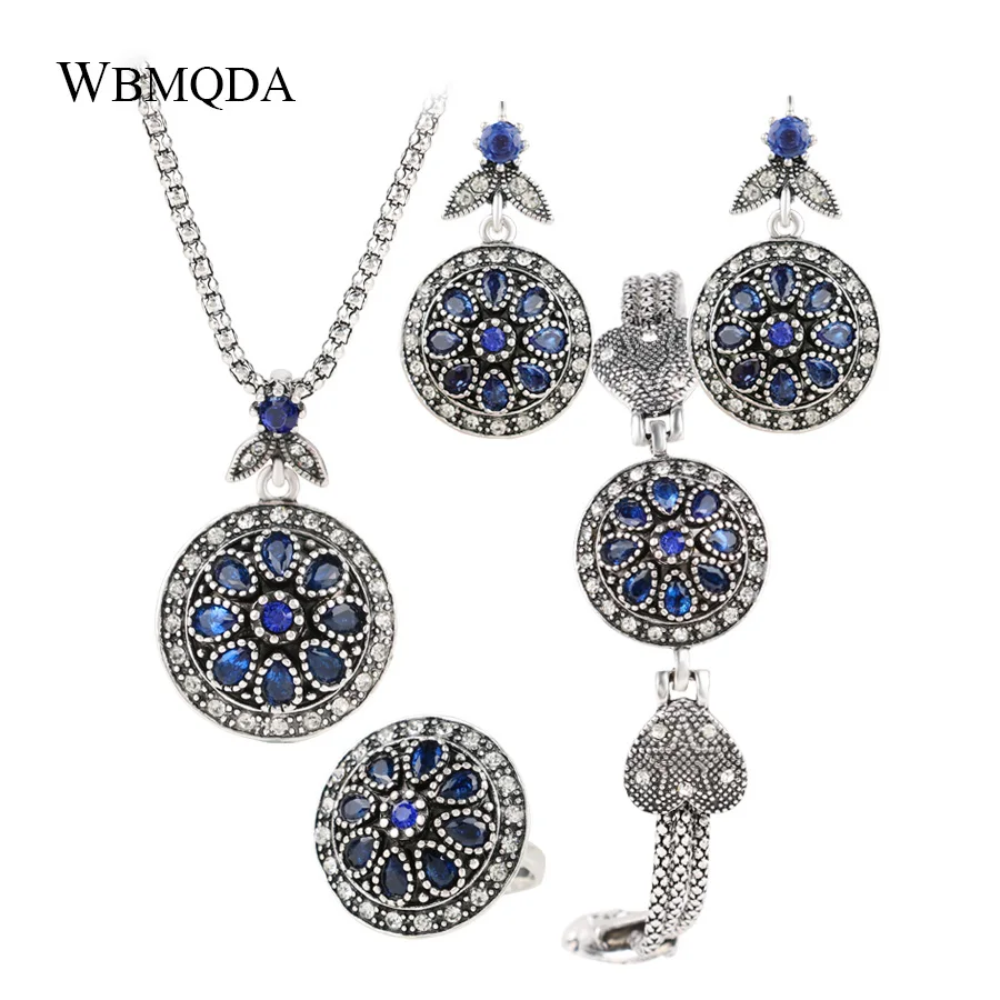

4Pcs/lot Classic Blue Flower Jewelry Sets Vintage Silver Crystal Heart Pentagram Charm Bracelet Necklace Ring Earrings For Women