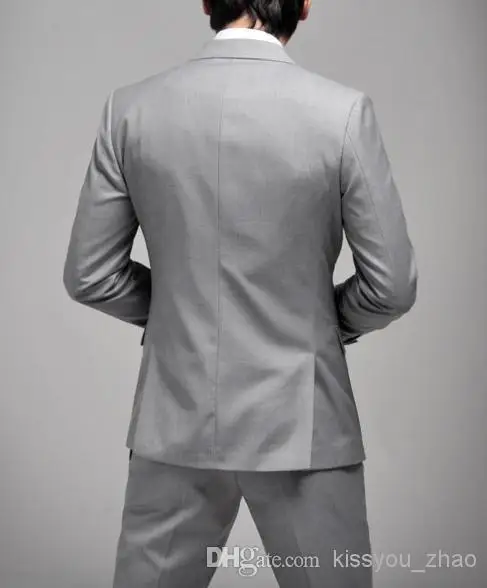 Custom Made Slim Fit One Button Light Grey Groom Tuxedos Side Slit Groomsmen Men Wedding Suits Bridegroom Jacket+Pants+Vest+Tie free ship