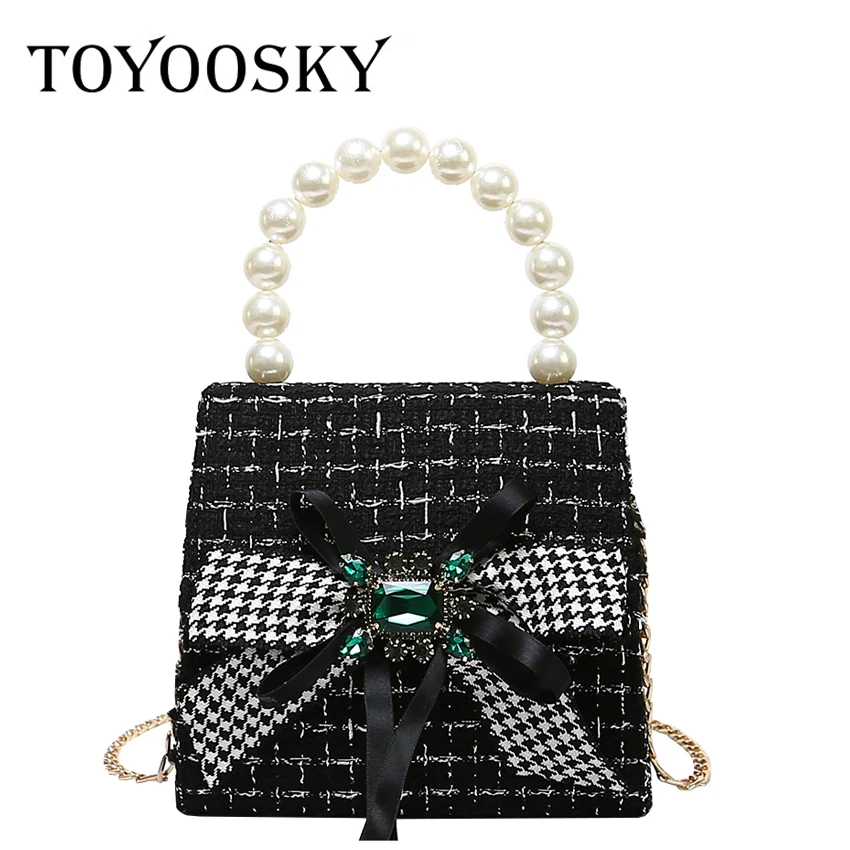 

TOYOOSKY Winter Woolen Handbag Vintage Pearl Handle Women Evening Bag Female Bow Plaid Shoulder Bag Fashion Ladies Crossbody Bag