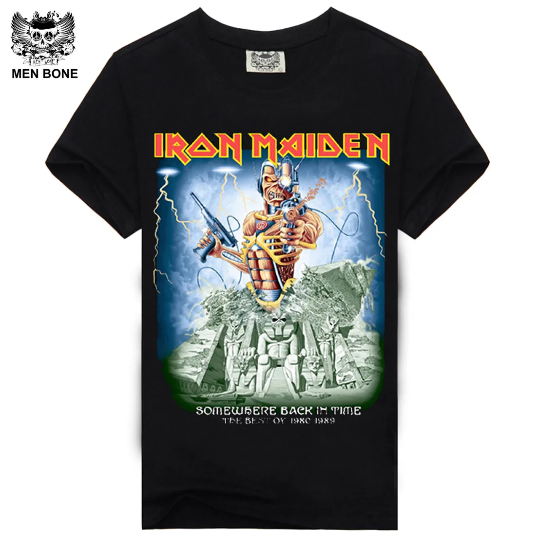 [Men bone] тройник Мужчины Футболка 3D мужская Рубашка Хлопок череп Iron Maiden Печати Рок