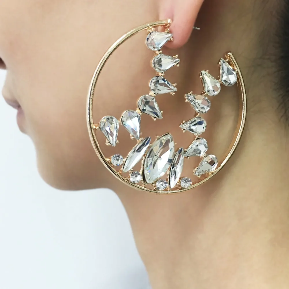 

MANILAI Brand Gothic Rhinestones Big Hoop Earrings For Women 2018 Fashion Jewelry 60mm Punk Statement Earring 3 Colors