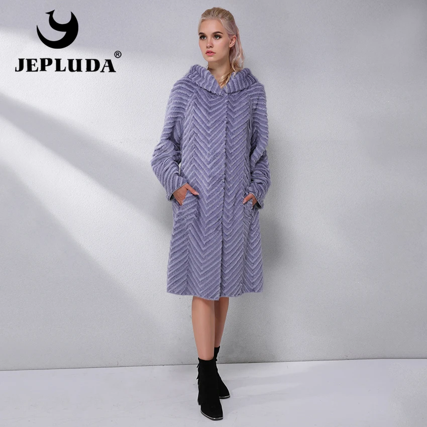 JEPLUDA Норковая Шуба Натуральный Мех с Капюшон Длительный Зимнее Женские Пальто