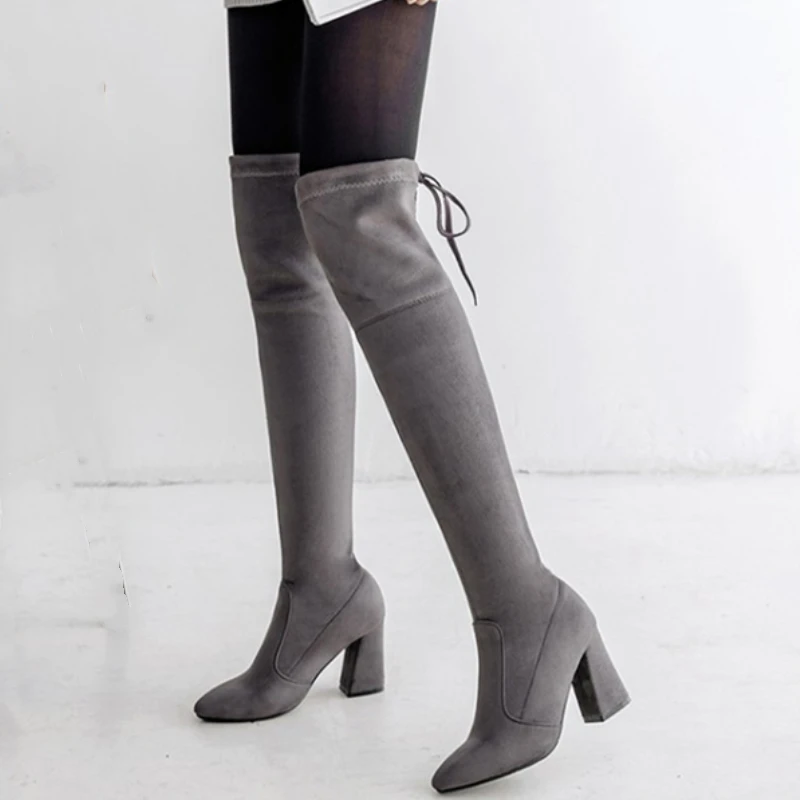 

Plus size Stretch Faux Suede Thigh High Boots Women Sexy Fashion Over the Knee Boots High Heels Woman Shoes Black Gray Wine red