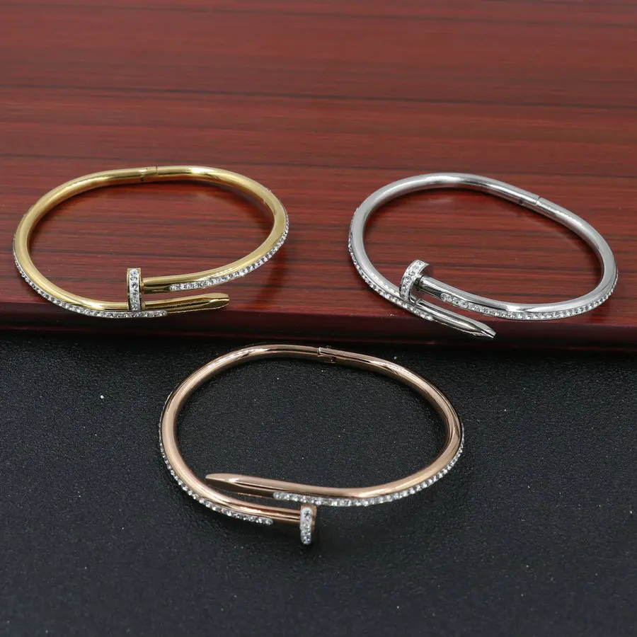 

Trendy Inlay Crystal Zircon Nails Bangle For Women Men Stainless Steel Cuff Gold Screw Bracelet & Bangles jewelry Gift