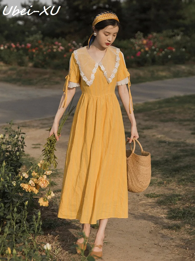 

Ubei Summer French court vintage girl fashion lace peter pan collar dress high waist show thin temperament fairy sweet dress
