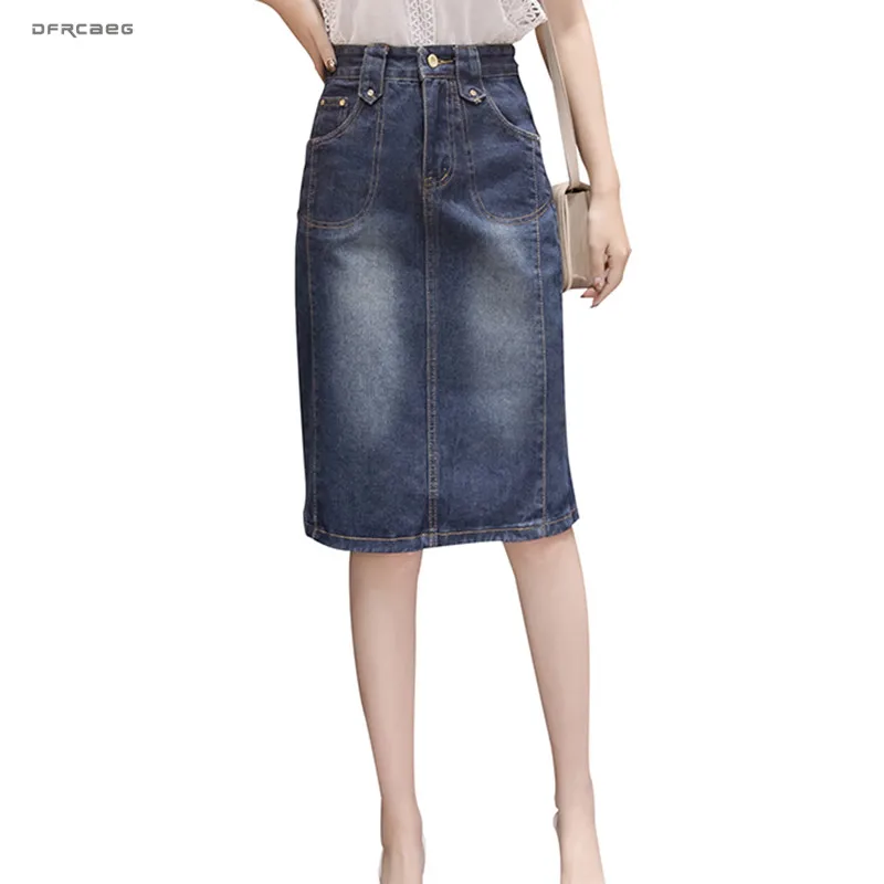 

3XL Plus Size Elegant Knee Length Women Jeans Pencil Skirt For Pocket 2019 Summer Streetwear Denim Midi Skirt Femme Saias Jean