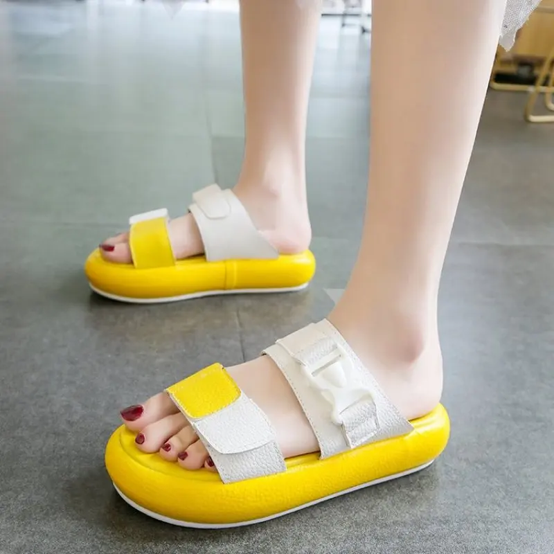 

Genuine Leather Home Slippers 2019 Designer Summer Korean Fashion thick Beach shoes One-shouldered white Platform Slippers