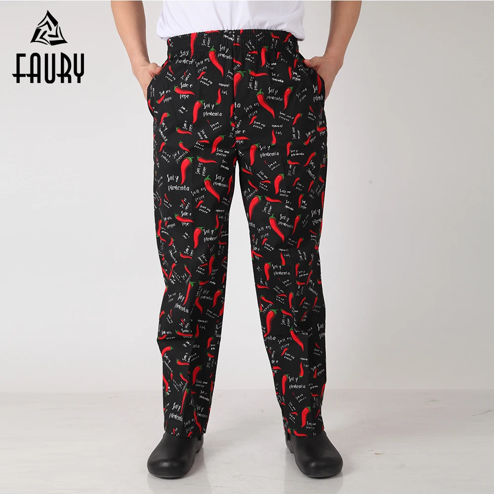 

Men Red Pepper Print Striped Elastic Waist Chef Hotel Waiter Long Casual Trousers Food Service Restaurant Kitchen Workwear Pants