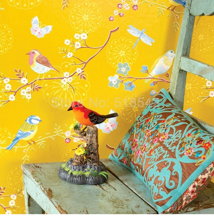 Пастырские цветы и птицы нетканые обои Цветочные для спальни Гостиная ТВ фон домашний декор закрывающий стену рулон желтый