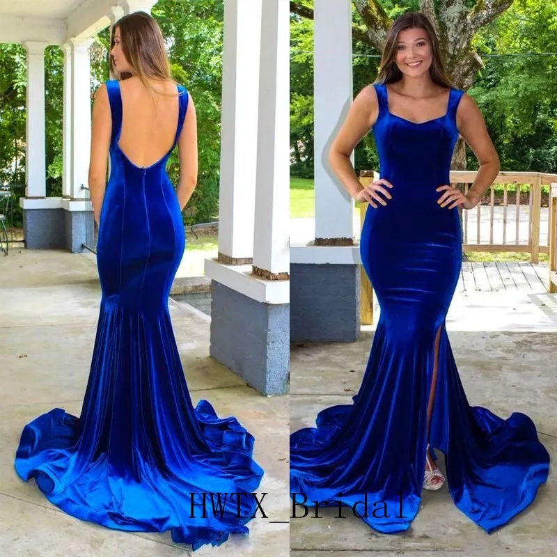 

Royal Blue Velvet Evening Dress Sexy Mermaid Tank Straps Backless Long Side Split 2019 Arabic Prom Formal Dresses Robe de soiree