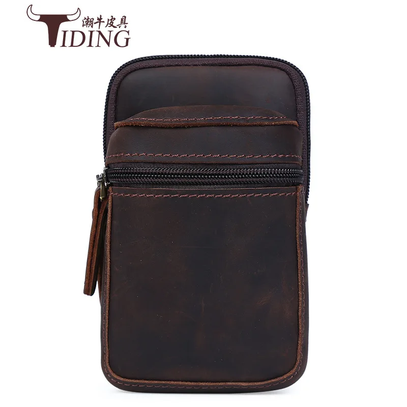 

TIDING Genuine Crazy Horse Leather Men Mini Fanny Pack Cell Phone Pouch Bag Cow Leather Case For Mobile Phone 2017 New