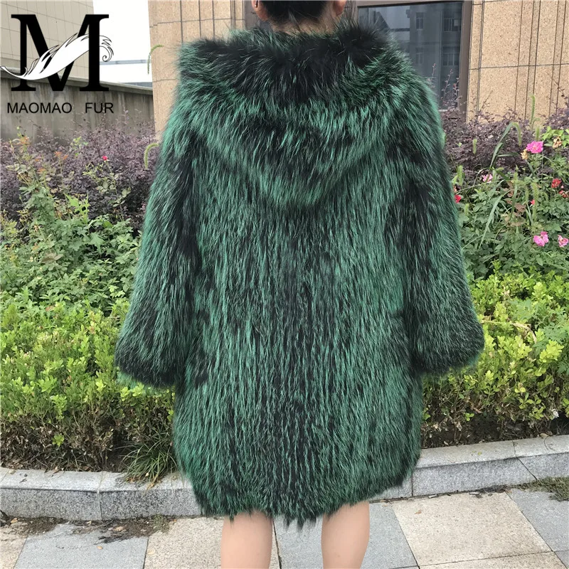 Ladies Real Fur Coat Women Hooded Knitted Natural Fur Coat Winter Knitted Long Silver Fox Fur Overcoat