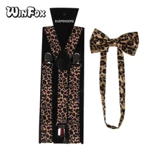 Winfox модный Леопардовый принт регулируемые подтяжки для женщин и мужчин подтяжки и бабочка галстук-бабочка набор
