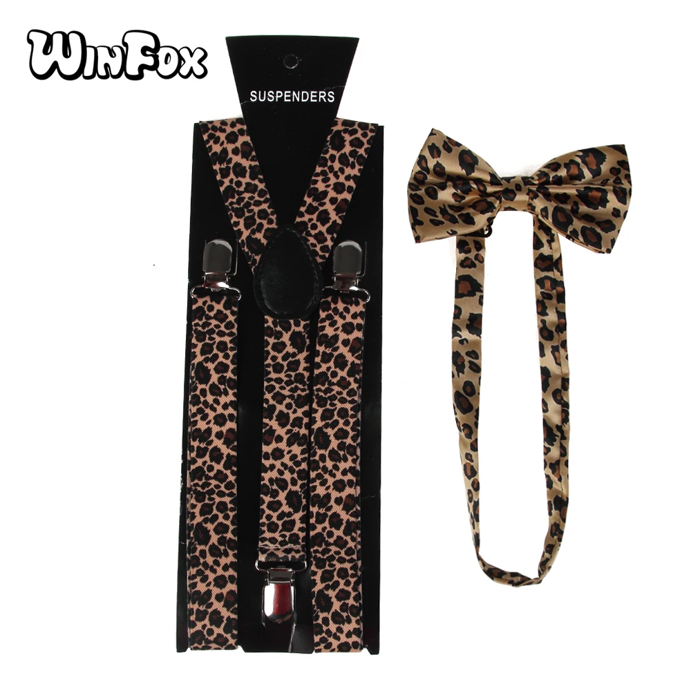 

Winfox Fashion Leopard Print Adjustable Braces Women Men Suspender Bowtie Bow Tie Set