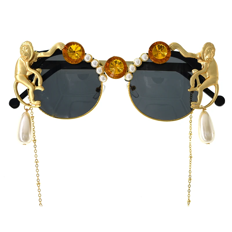 Модные дизайнерские индивидуальные солнцезащитные очки с кисточками, обезьянка, жемчуг, кристалл, Ретро стиль, Круглая Большая оправа, солнцезащитные очки для женщин, роскошные женские солнцезащитные очки
