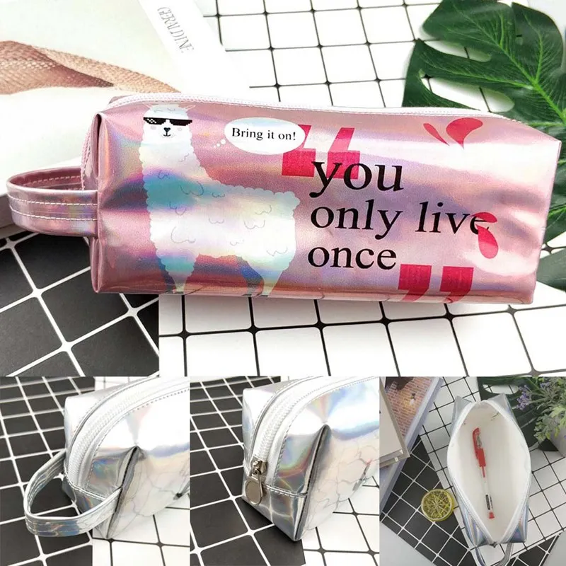 

Cactus Alpaca Pencil Case Laser Pen Bag For Girl Boys Holographic Student Large Capacity PU Waterproof Pen Box School Supply
