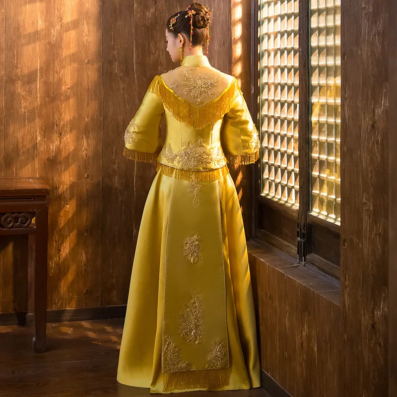 Изысканный Wmbroidery цветок женский свадебный костюм золотые бусины ручной работы Cheongsam элегантная одежда невесты тост костюмы Tang
